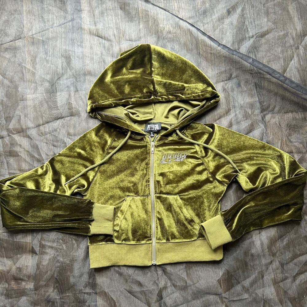 Dollskill Poster Girl Green Moss Y2K Velour Zip Up Cropped Hoodie Size Small